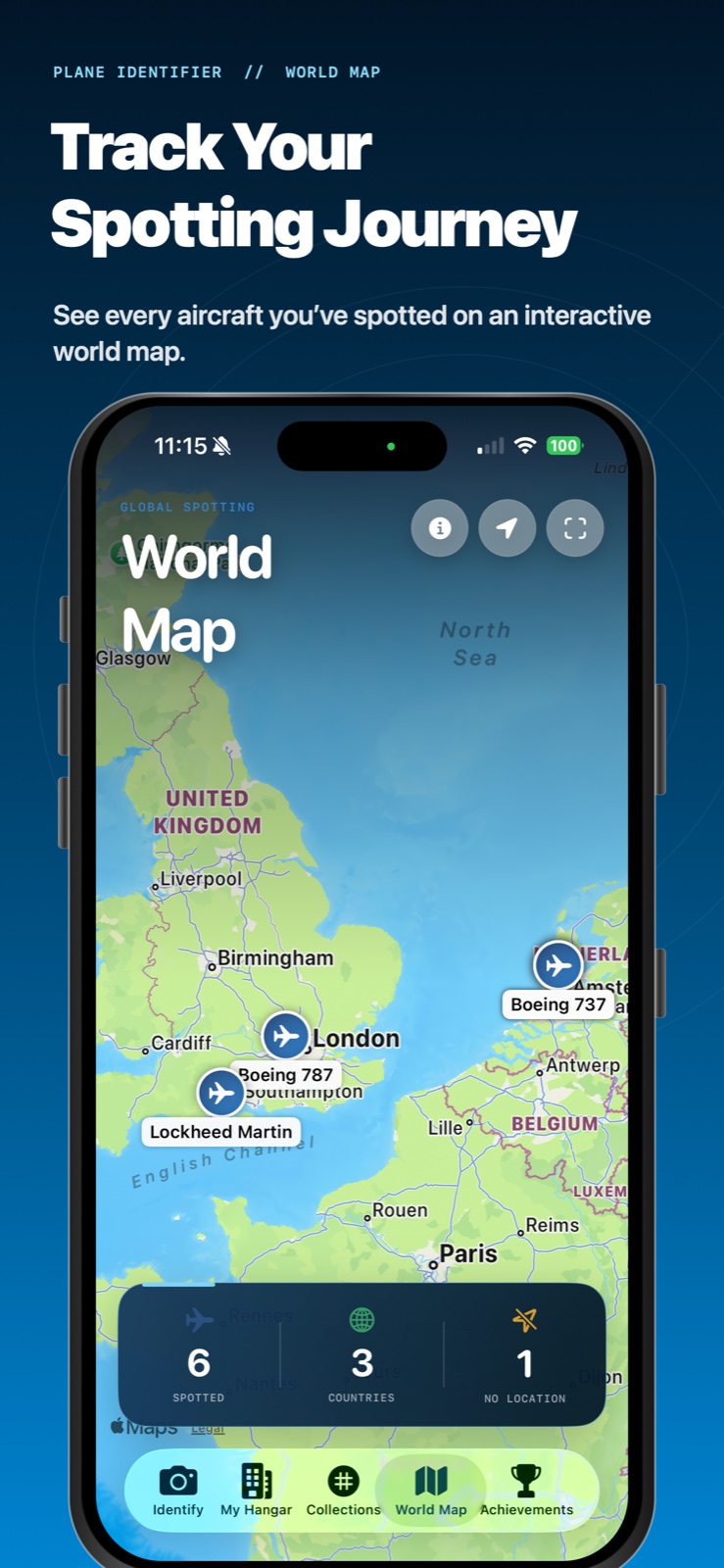 World map showing saved aircraft sightings